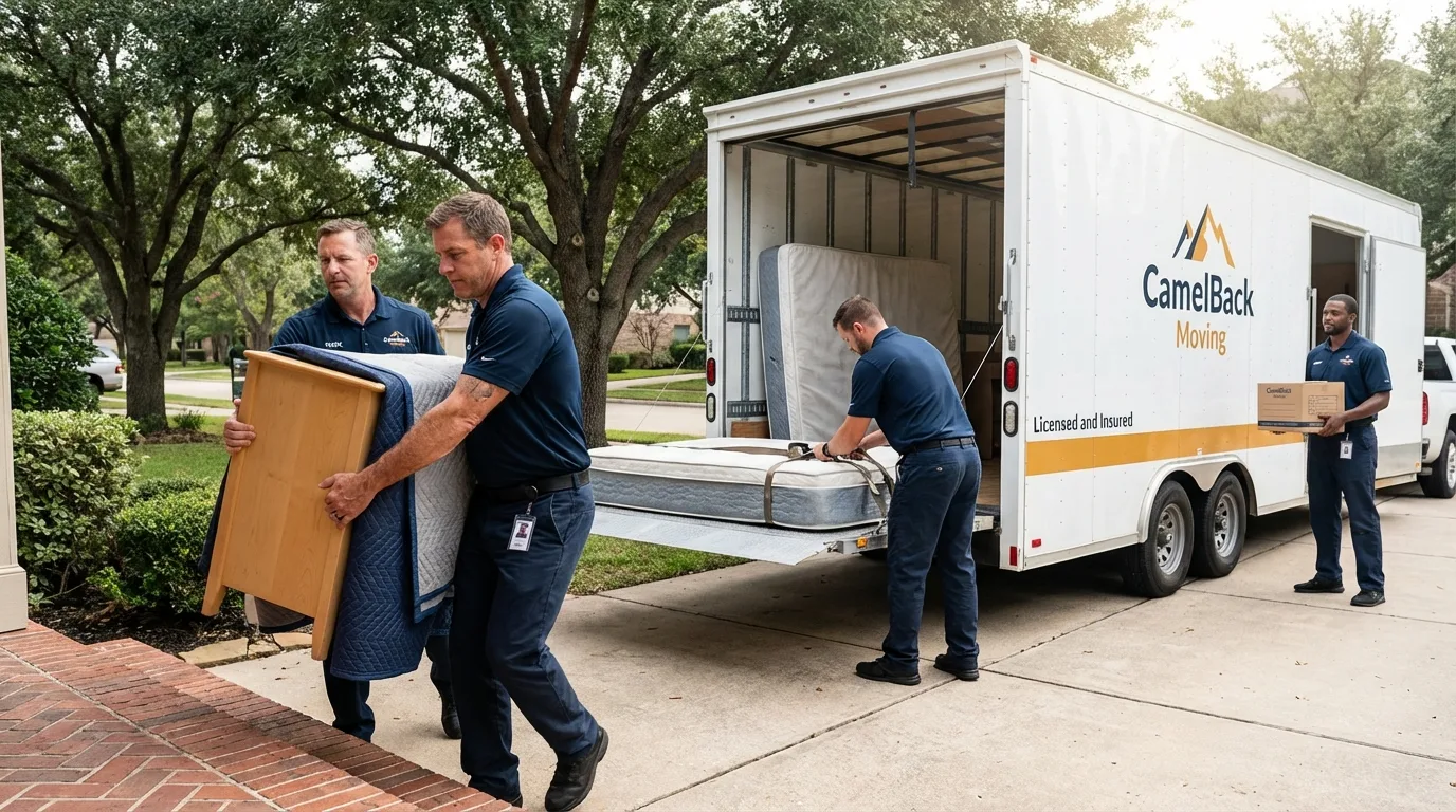 Crew loading residential truck for cross-state move from Afton, OK