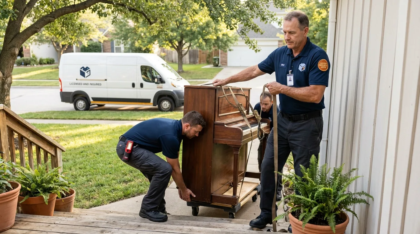 Licensed piano movers securing grand piano in Afton, OK