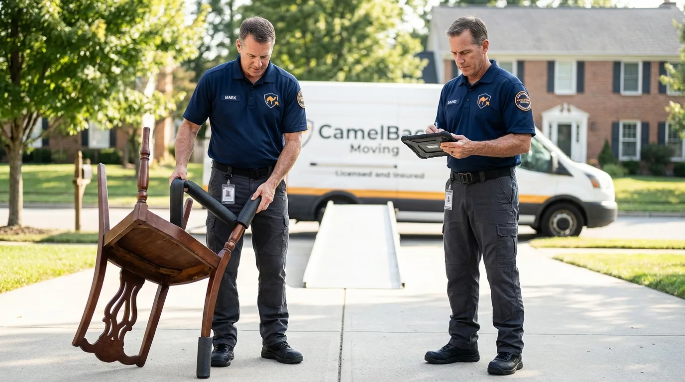 Movers inspecting furniture for damage prevention before loading in Afton, OK