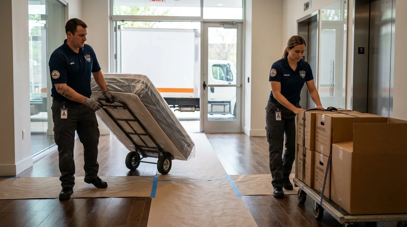 Professional apartment movers loading elevator in Afton, OK